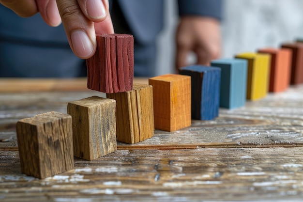 Foto um empresário a construir uma fileira de cubos coloridos