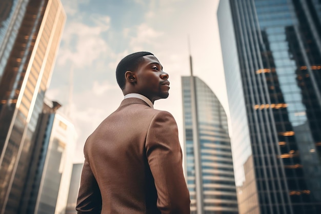Um empresário afro-americano em um terno formal contra o pano de fundo de arranha-céus no distrito de negócios da cidade Vista traseira Sucesso e prosperidade