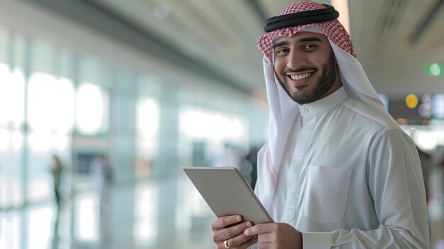 Um empresário árabe millennial posa no terminal do aeroporto enquanto usa um tablet enquanto espera seu voo para embarcar no espaço de cópia