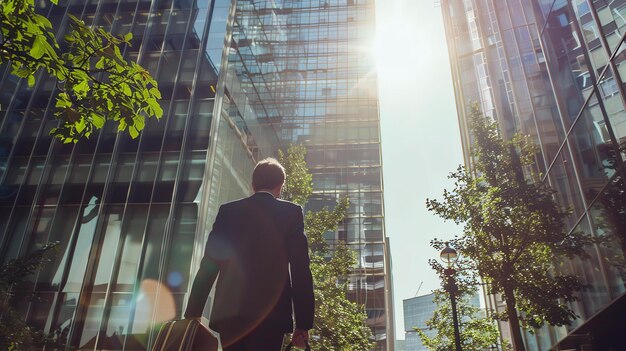 Foto um empresário confiante a caminhar em direcção aos arranha-céus iluminados pelo sol.