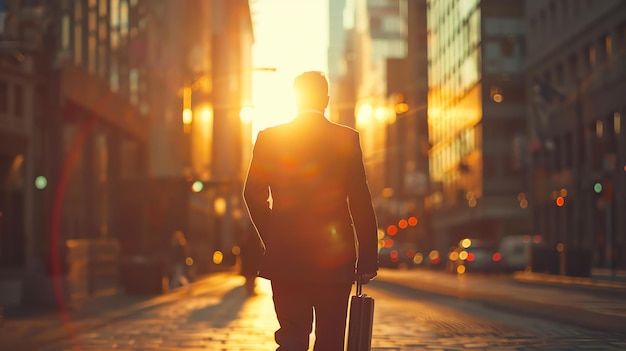 Um empresário confiante caminhando por uma rua movimentada da cidade durante a hora de ponta a caminho do trabalho