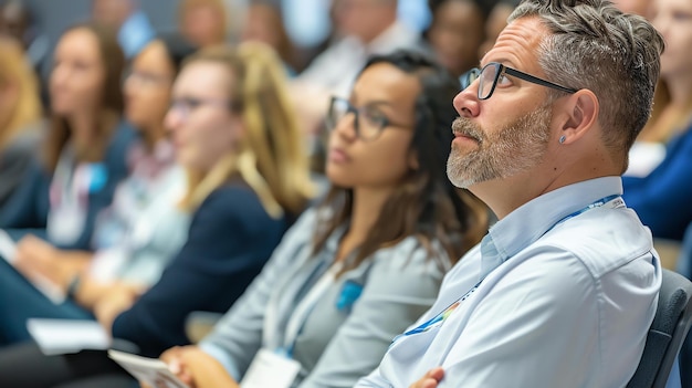 Um empresário confiante que usa óculos e uma camisa azul escuta atentamente durante uma conferência