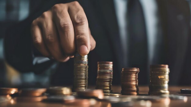 Foto um empresário de fato está empilhando moedas em uma mesa. o fundo está fora de foco.