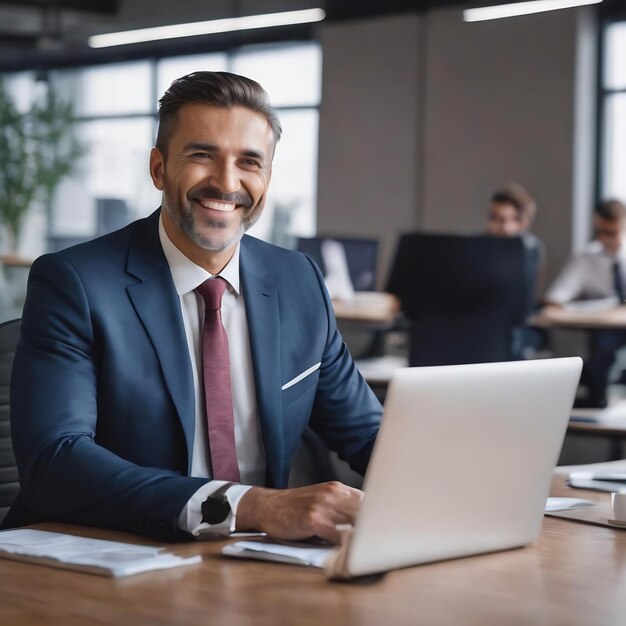 Um empresário de sucesso a sorrir no escritório.