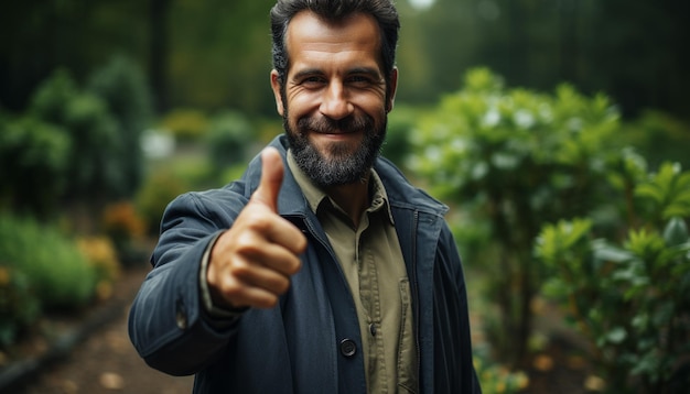 Um empresário de sucesso confiante na natureza sorrindo com a satisfação gerada pela inteligência artificial