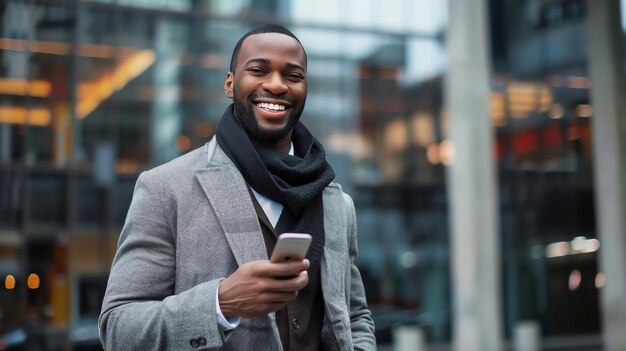 Um empresário de sucesso na cidade, um jovem profissional afro-americano a sorrir enquanto usa o telemóvel.