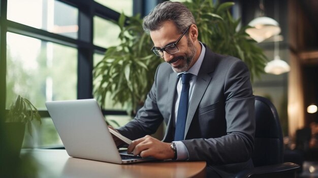 Foto um empresário e um colega discutem estratégia no escritório.