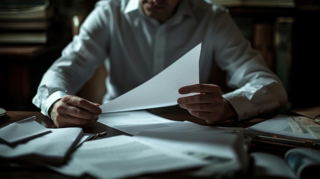 Um empresário enfrentando uma decisão difícil com papelada e sombras em sua mesa