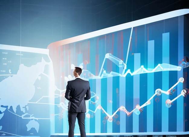 Um empresário está em frente a um grande gráfico analisando os dados do crescimento de um negócio médico