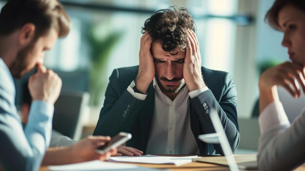 Um empresário estressado de terno segura a cabeça em um gesto de frustração ou dor de cabeça