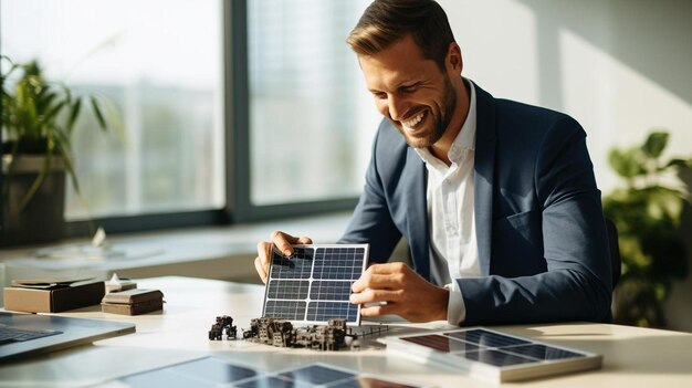 Foto um empresário feliz a examinar um modelo de painel solar no escritório.