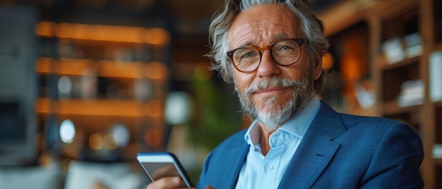 Um empresário feliz de meia-idade vestindo ternos azuis utilizando um telefone celular em um escritório Um empresário mais velho segurando um telefone celular está satisfeito com os serviços de gerenciamento de soluções empresariais
