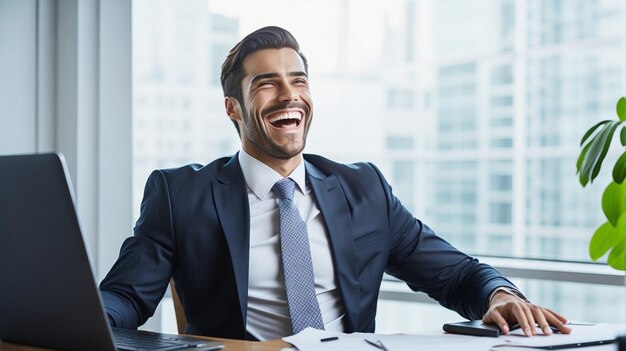 Foto um empresário feliz e bem sucedido num escritório.