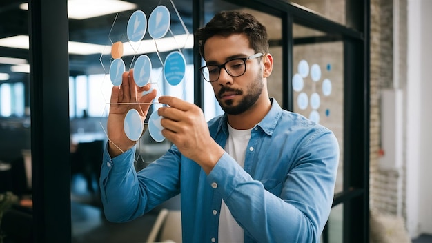 Foto um empresário introspectivo a juntar adesivos em vidro.