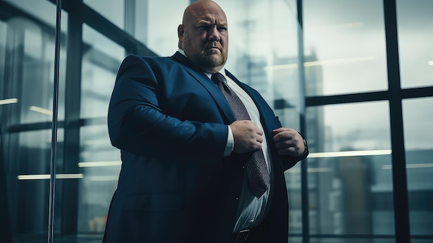 Um empresário masculino plus size em pé perto de uma grande janela de vidro em seu escritório