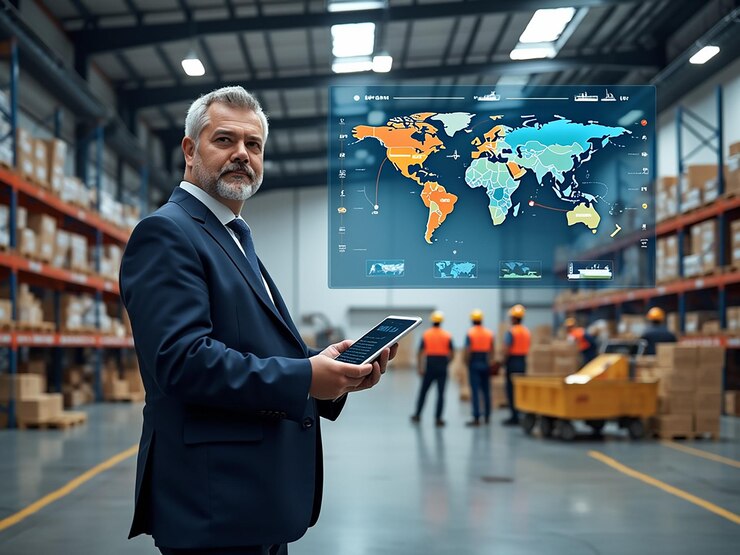 Foto um empresário num armazém moderno está de pé em frente a um grande ecrã digital que mostra uma global