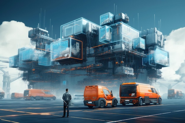 Um empresário olhando para o painel de interface virtual da rede logística global para distribuição e transporte Smart Logistics Generative AI