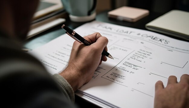 Um empresário segurando a caneta planejando o sucesso no papel na mesa gerada pela IA
