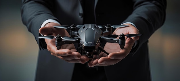 Foto um empresário segurando um drone no estilo preto escuro e claro