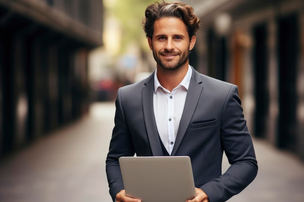 Um empresário segurando um laptop