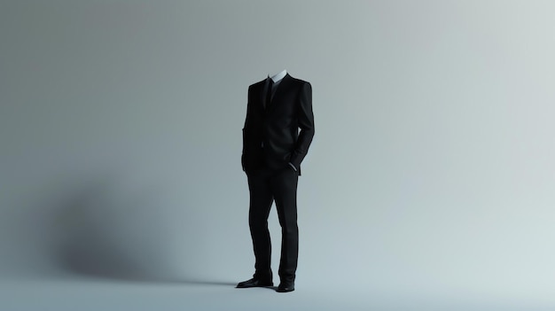 Um empresário sem rosto de terno está de pé com as mãos nos bolsos contra um fundo neutro