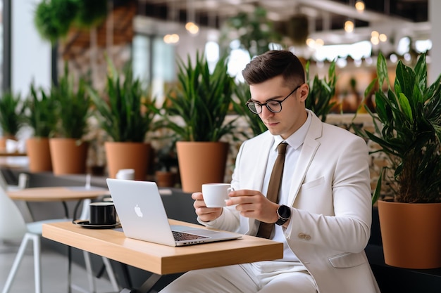 Um empresário trabalhando em um laptop em um café