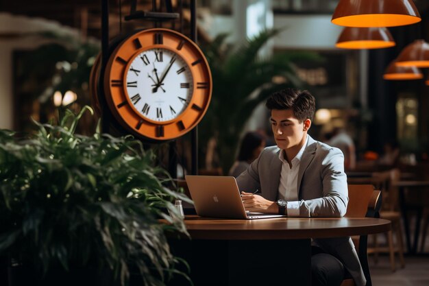 Foto um empresário trabalhando em um laptop em um café