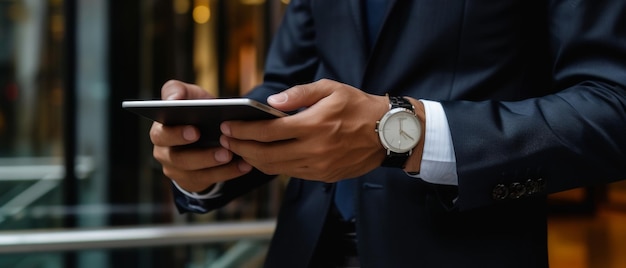 Um empresário usando um tablet em um cenário urbano que reflete a conectividade moderna