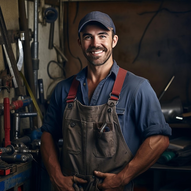 Um encanador sorridente com uma chave de tubo no braço