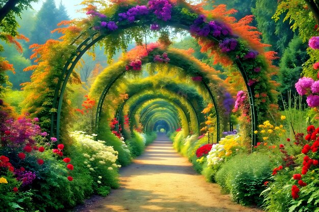 Foto um encantador caminho de jardim alinhado com flores coloridas