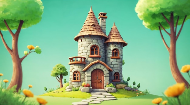 Um encantador castelo de desenho animado em uma paisagem exuberante