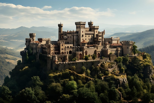 Um encantador castelo histórico em uma foto realista no topo de uma colina