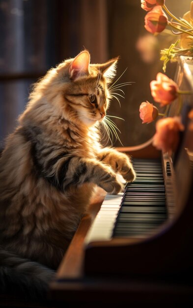 Um encantador felino tocando piano