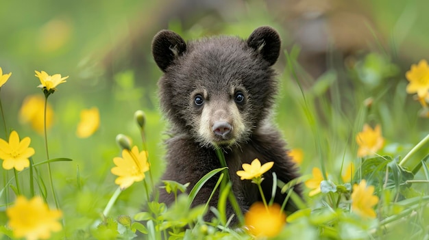 Um encantador filhote de urso jovem está se divertindo na grama com flores amarelas