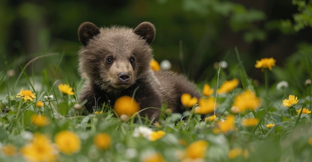 Um encantador filhote de urso jovem está se divertindo na grama com flores amarelas