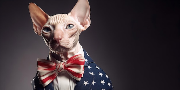 Foto um encantador gato esfinge comemorando com uma bandeira dos estados unidos no dia da independência em 4 de julho bandeira da américa fundo branco generativo ai