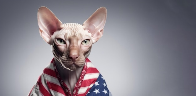 Foto um encantador gato sphynx comemorando com uma bandeira dos eua no dia da independência em 4 de julho bandeira americana fundo branco generativo ai