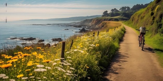 Um encantador passeio de bicicleta ao longo de uma bela trilha costeira com o oceano azul se estendendo de um lado e flores vibrantes em flor adornando o outro