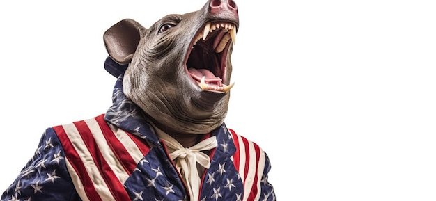 Foto um encantador porco babirusa comemorando com uma bandeira dos estados unidos no dia da independência em 4 de julho bandeira da américa fundo branco generativo ai