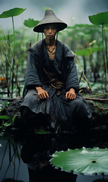 Foto um encontro caprichoso uma vitrine cinematográfica da postura tranquila de lótus de um jiangshi no encantador sw