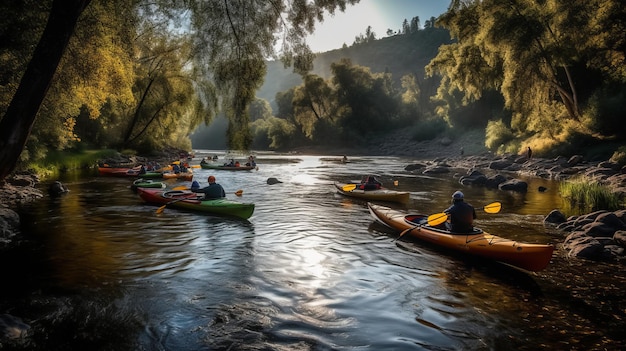 Um energetiriver com caiaques e canoas gerados por IA