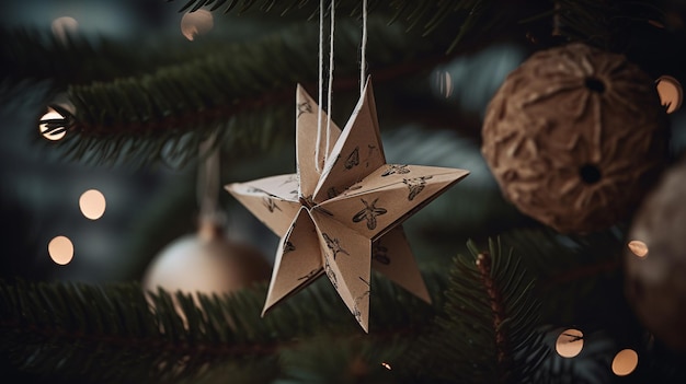 Um enfeite de natal pendurado em uma árvore com uma estrela pendurada nele.