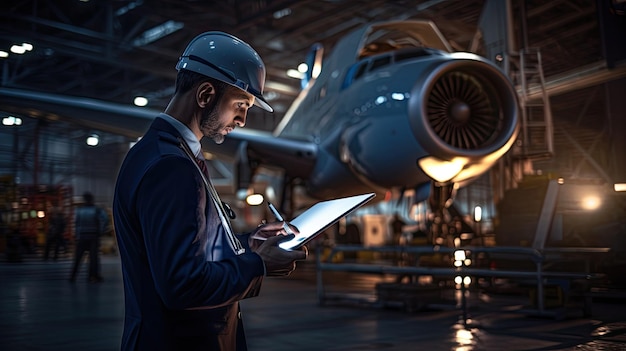 Um engenheiro aeroespacial em equipamento de segurança usa um tablet para testes