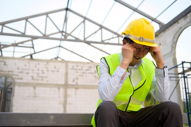 Um engenheiro asiático com capacete de segurança se sentindo triste no canteiro de obras