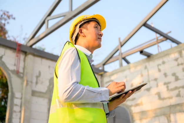 Um engenheiro asiático está usando um capacete de proteção na cabeça usando dados de engenharia do tablet Analytics