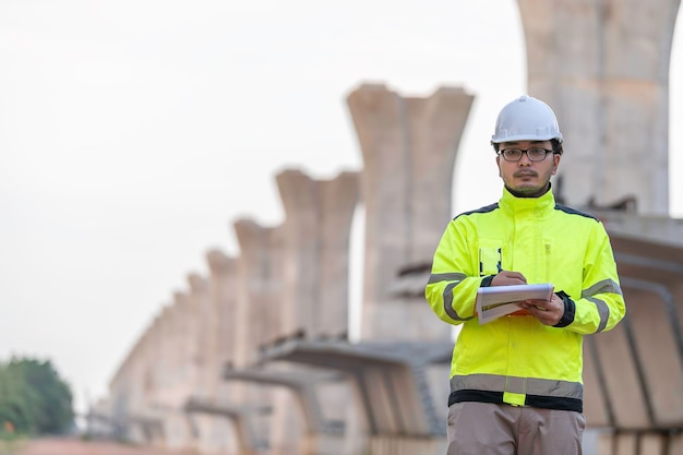 Um engenheiro asiático trabalha num canteiro de obras de uma ponte de auto-estrada Trabalhador civil a inspeccionar o trabalho de construção de uma travessia Supervisor a trabalhar num cinteiro de construção de um caminho-de-ferro de alta velocidade