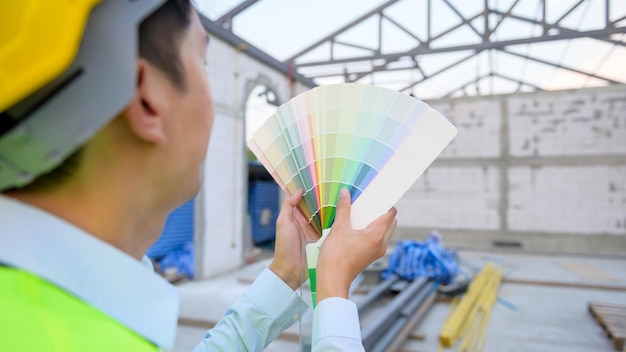 Um engenheiro asiático usando capacete de segurança selecionando cor no canteiro de obras