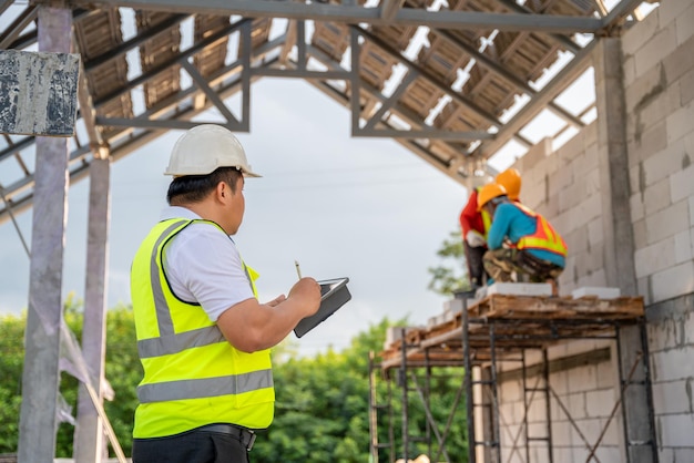 Um engenheiro civil está supervisionando um trabalhador da construção civil colocando tijolos em um canteiro de obras