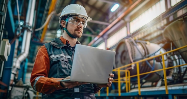 Um engenheiro com capacete e óculos de segurança segura um laptop trabalhando em uma fábrica industrial Tecnologia Engenharia Industrial Segurança primeira imagem