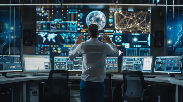 Um engenheiro da instalação de alta tecnologia faz um gesto pensativo na sala de controle do sistema Vários ecrãs mostram gráficos